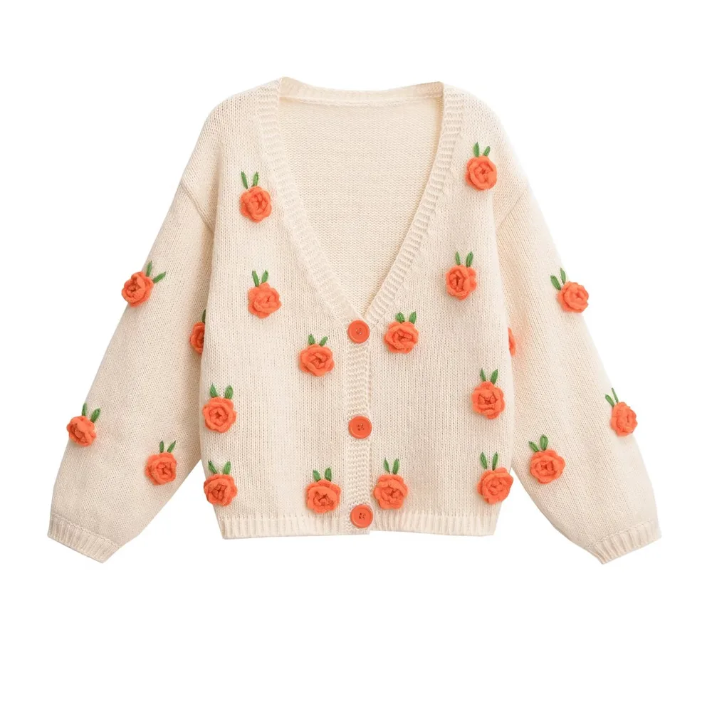 Fashion V neck Three dimensional Crocheted Long sleeved Cardigan 8211 Sweater V Neck - Shop at LoveMi