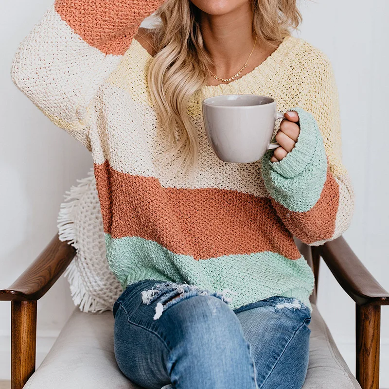 Women's Loose Striped Sweater Knitwear Khaki - Shop at LoveMi