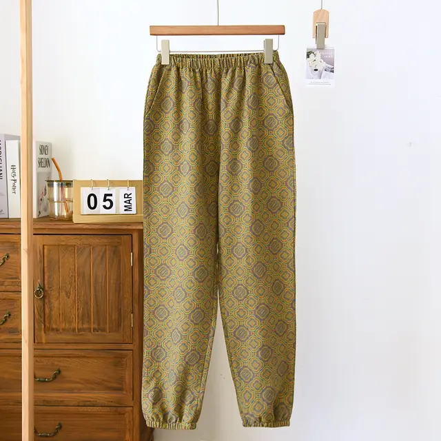 Women's Fashionable Vintage Yarn dyed Closed Cotton Drawstring Trousers Chanel Yellow - Shop at LoveMi