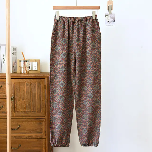Women's Fashionable Vintage Yarn dyed Closed Cotton Drawstring Trousers Purple - Shop at LoveMi