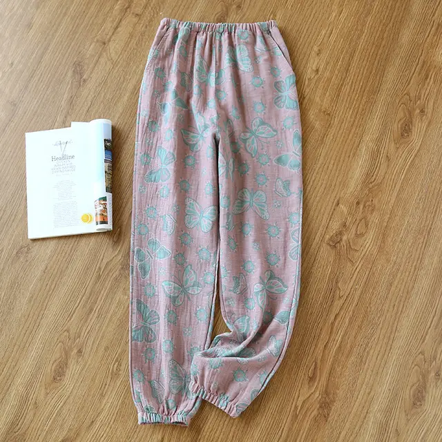 Women's Fashionable Cotton Double layer Yarn dyed Close up Pajama Pants Dark Pink Butterfly - Shop at LoveMi