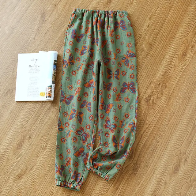 Women's Fashionable Cotton Double layer Yarn dyed Close up Pajama Pants Green Butterfly - Shop at LoveMi