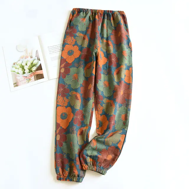 Women's Fashion Casual Cotton Yarn dyed Vintage Jacquard Pajama Pants Blue - Shop at LoveMi