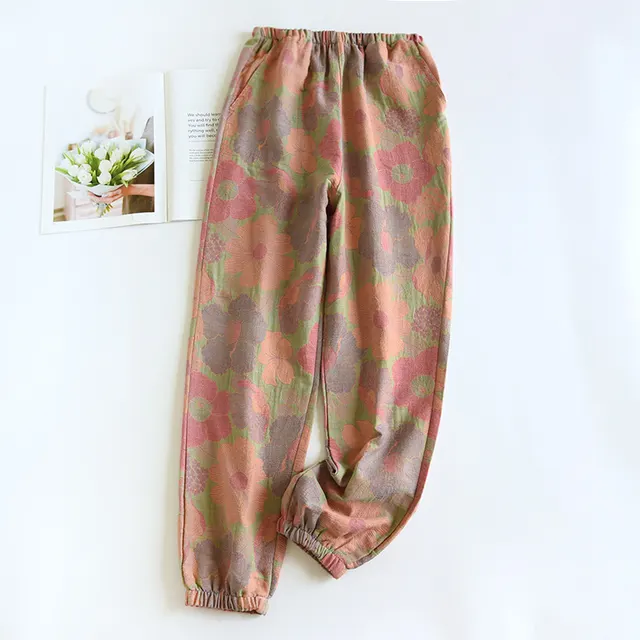 Women's Fashion Casual Cotton Yarn dyed Vintage Jacquard Pajama Pants Pink - Shop at LoveMi