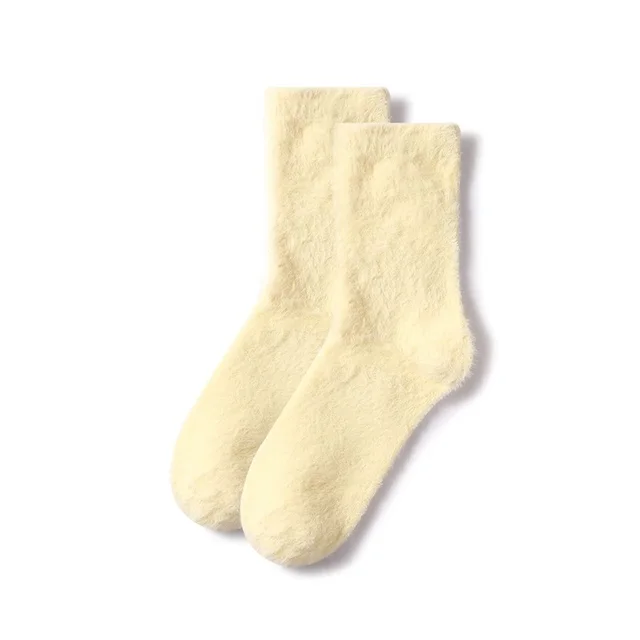 Solid Color Mink Fur Fleece lined Thick Mid calf Length Socks Foam Yellow - Shop at LoveMi