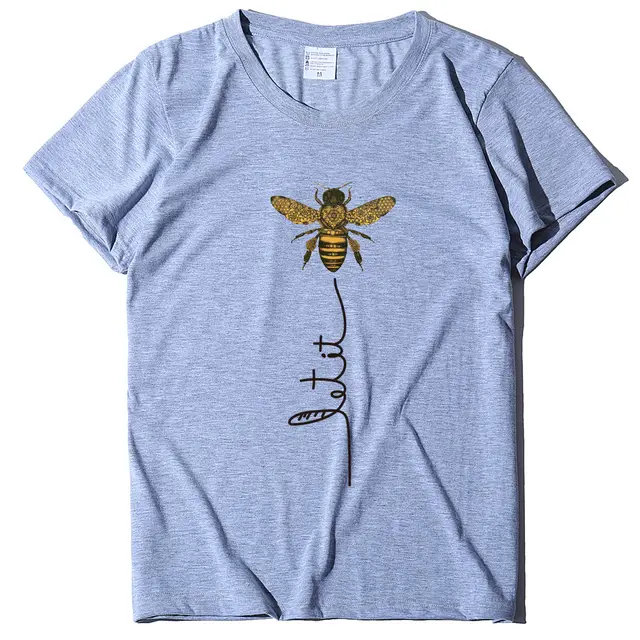 Bee And Letter Print Pattern Women's Loose T shirt Gray - Shop at LoveMi