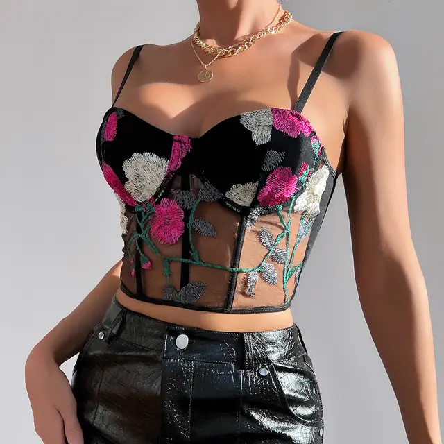 Women's Vest Retro Net Yarn Flowers Embroidered Vest Rose Red - Shop at LoveMi