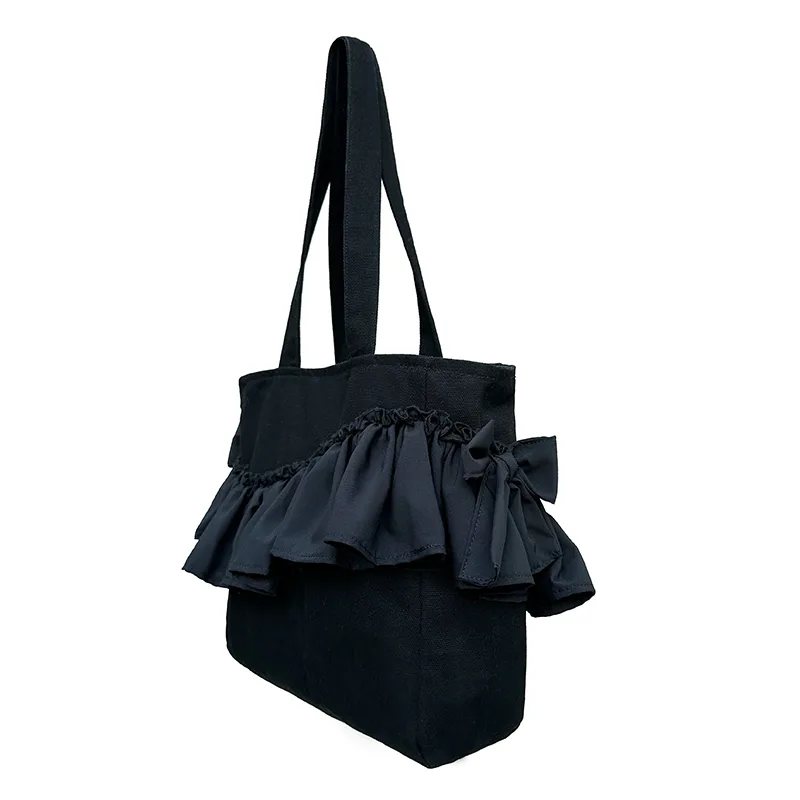 Solid Color Tote Bow Lace Shopping Bag Black - Shop at LoveMi
