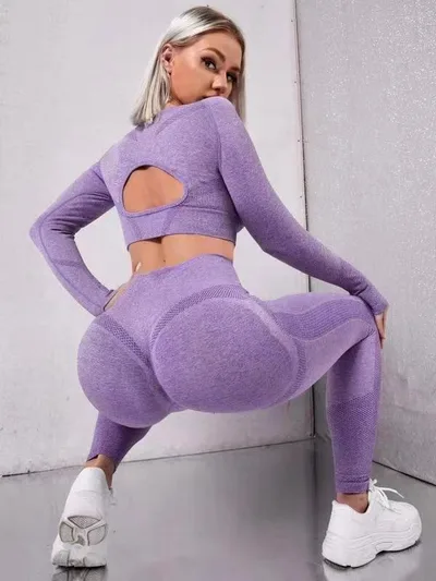 Yoga Outdoor Base Fitness Peach Hip Hollow out Tight Long Sleeve Trousers Sports Two piece Suit Purple - Shop at LoveMi
