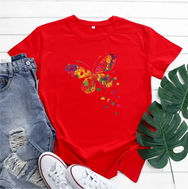 Women's Fashion Casual Heart Butterfly Printed Cotton Round Neck Short Sleeve Red - Shop at LoveMi