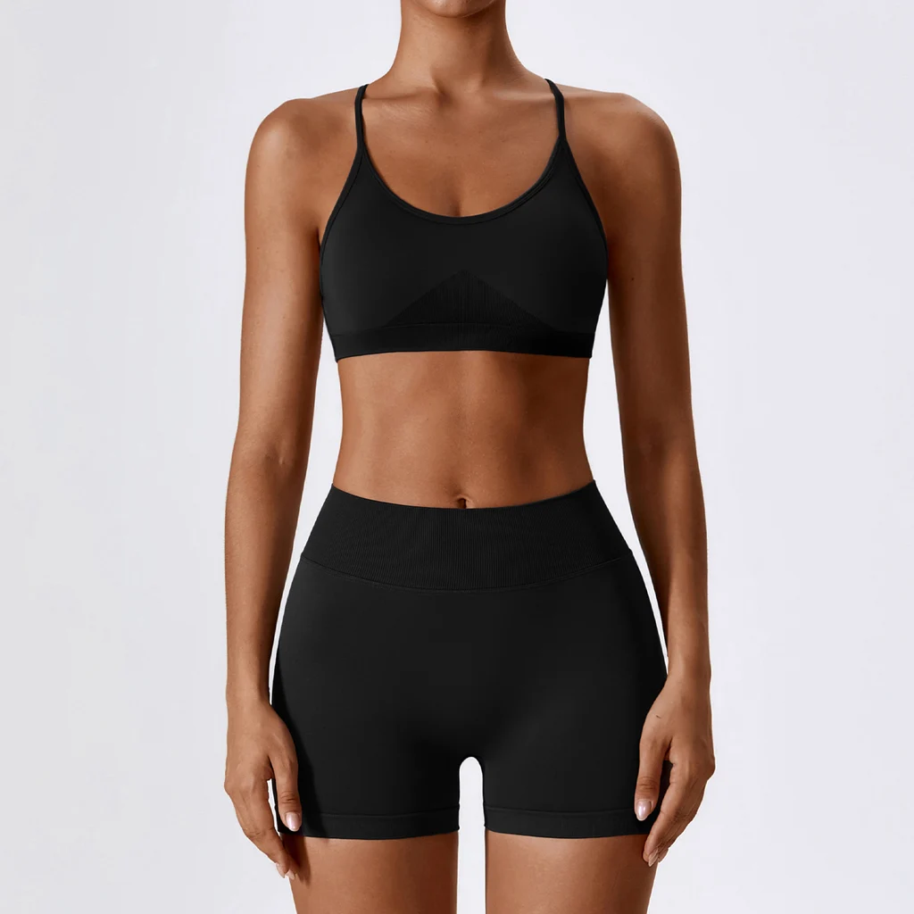 Seamless Beauty Back Yoga Clothes Running Quick-drying Tight Sports Fitness Clothes Suit Women - Bra Shorts Black