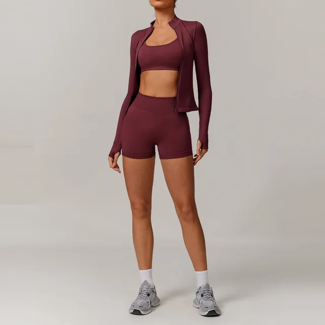 Seamless Beauty Back Yoga Clothes Running Quick drying Tight Sports Fitness Clothes Suit Women Cherry Red 3Piece Set - Shop at LoveMi