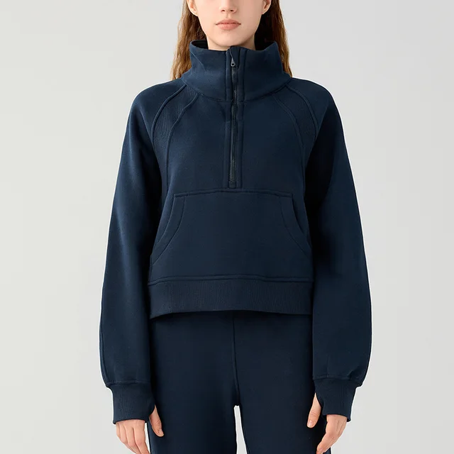 Women's Half zip High stand Collar Pullover Leisure Warm Fleece Sweater Navy Blue - Shop at LoveMi