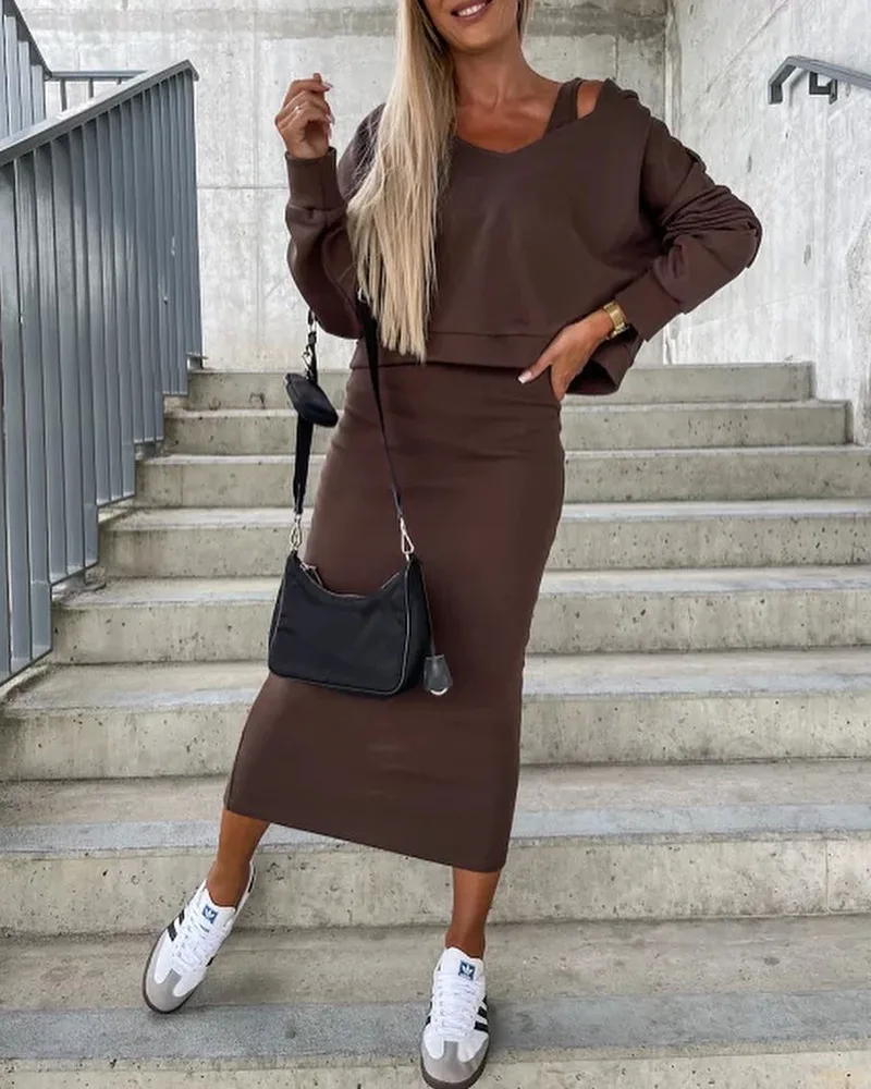 Vest Dress V-neck Hooded Hoodie Short Top Suit - Brown