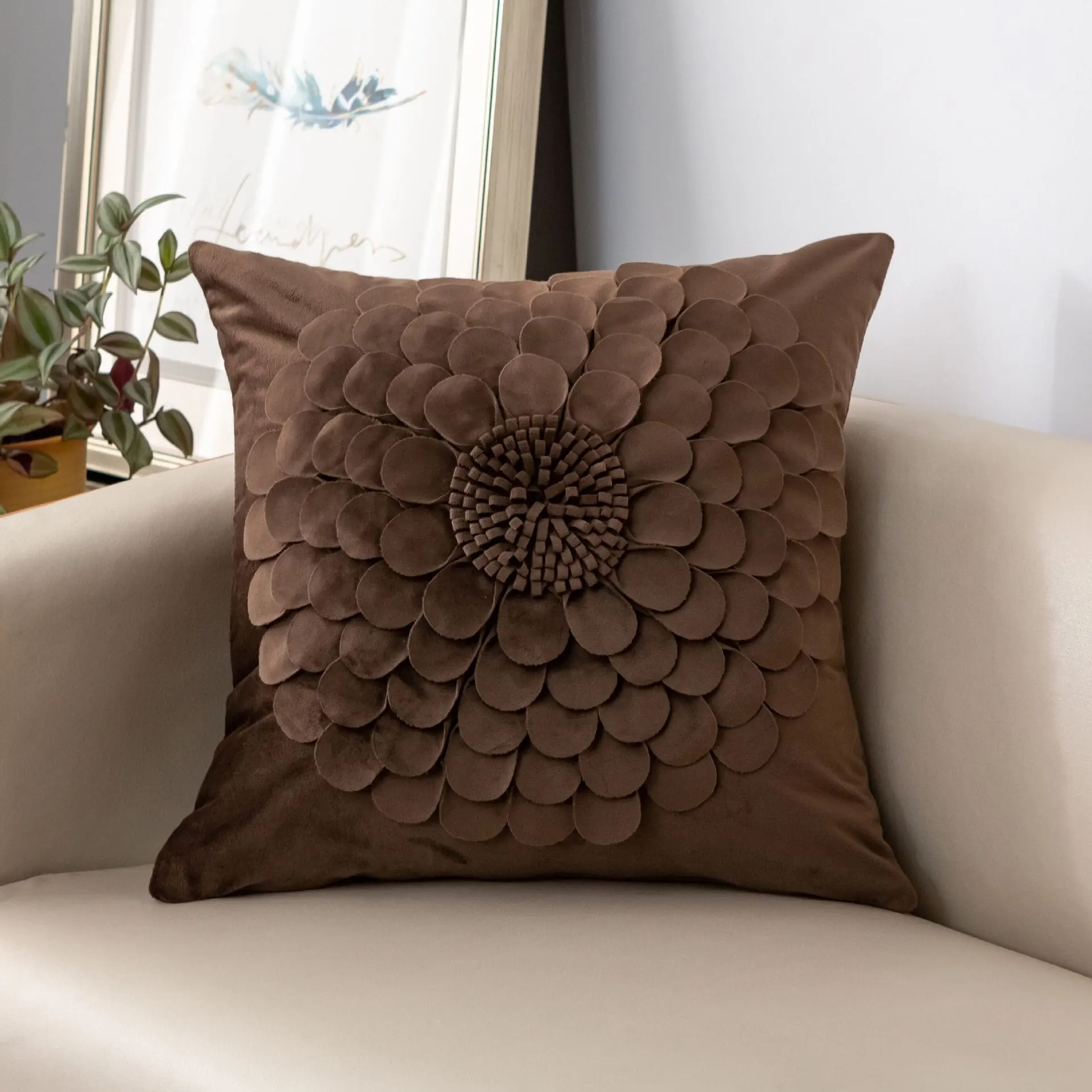Affordable Luxury Style French Cream Style Three-dimensional Petals Netherlands Velvet Simple Sofa Pillow - Coffee