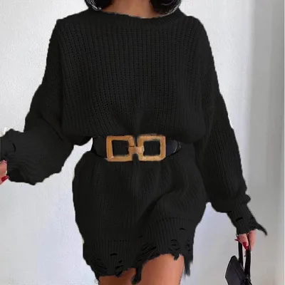 Solid Color Round Neck Long Sleeve Burrs Loose Knitted Pullover Black - Shop at LoveMi