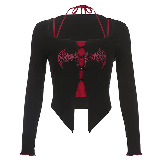 Two piece Slim Fit Strap Long sleeved T shirt Top Black And Red - Shop at LoveMi
