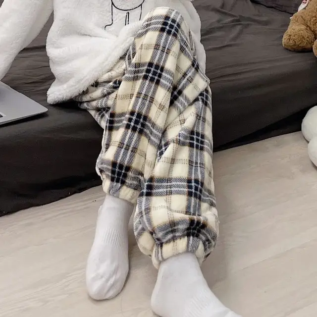 Coral Fleece Pajama Pants For Women Autumn And Winter Thickened Apricot - Shop at LoveMi