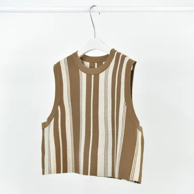 Women's Stitching Contrast Color Vertical Stripes Round Neck Knitted Vest Mocha - Shop at LoveMi
