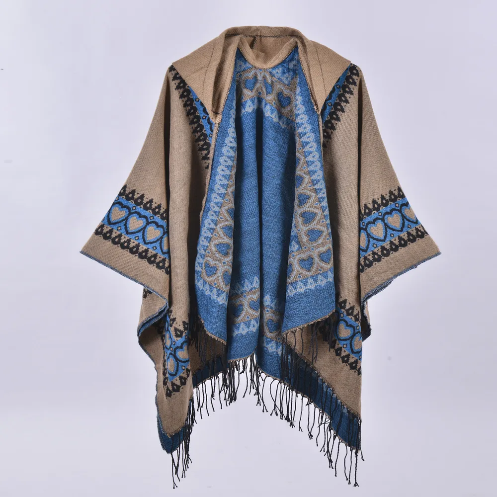 Women's Hooded Split Shawl Fashion Heart Frame Khaki Blue - Shop at LoveMi