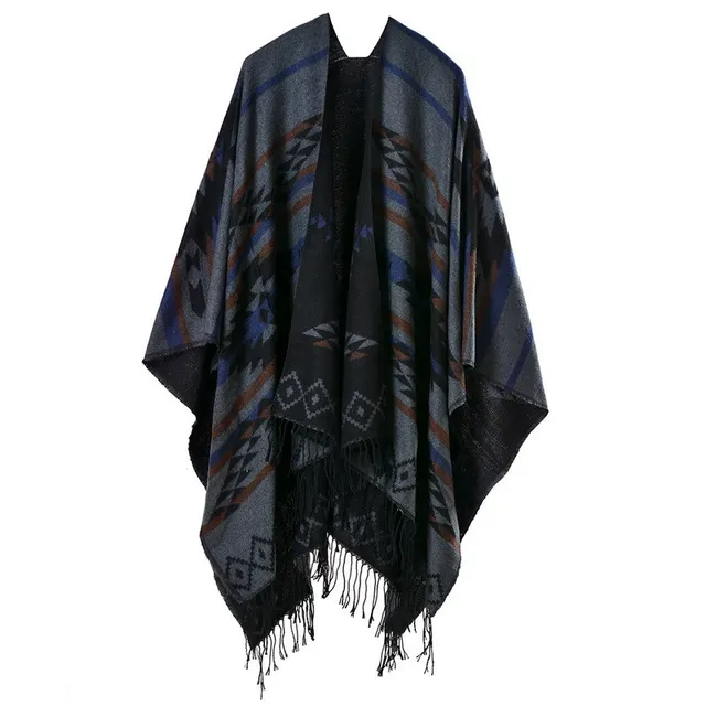 Geometric Diamond Tassel Shawl Cape Black And Gray - Shop at LoveMi