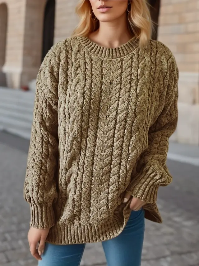 Vintage Vertical Stripes Twist Round Neck Long Sleeve Knitted Pullover Thick Needle Sweater For Women Khaki - Shop at LoveMi