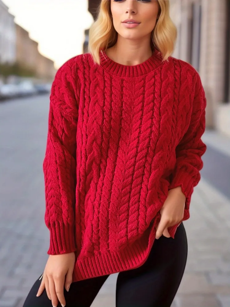 Vintage Vertical Stripes Twist Round Neck Long Sleeve Knitted Pullover Thick Needle Sweater For Women Red - Shop at LoveMi