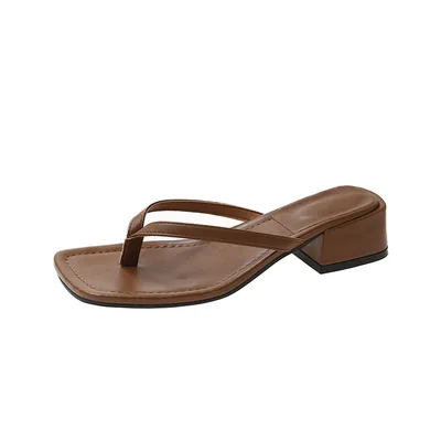 Women's Fashion Outerwear Square Toe All matching Chunky Heel Non slip Beach Flip Flops Brown - Shop at LoveMi