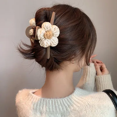 Wool Flower Grip Elegant Barrettes Women's High end Clip On The Back Of The Head Beige - Shop at LoveMi