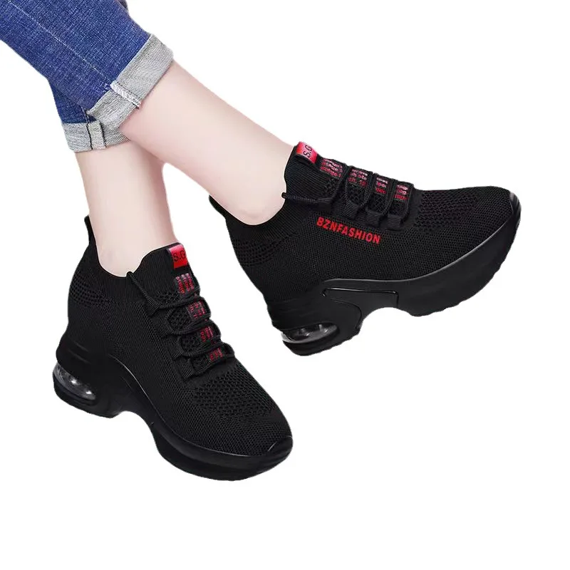 Height Increasing Insole Women's Fly Woven Mesh Sports Leisure Air Cushion Dad Shoes - Red