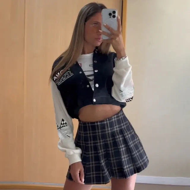 American Retro College Style Color Contrast Patchwork Stand Collar Breasted Baseball Uniform Black White - Shop at LoveMi