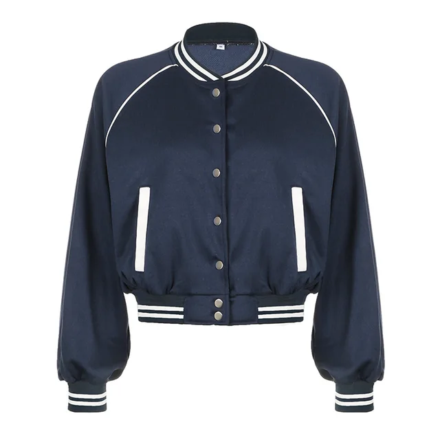 American Retro College Style Color Contrast Patchwork Stand Collar Breasted Baseball Uniform Blue - Shop at LoveMi