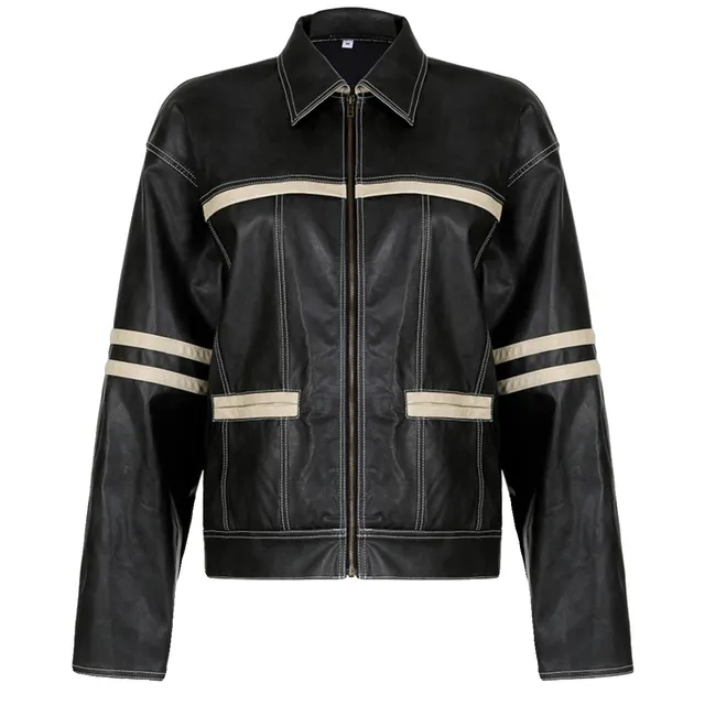 Women's Retro Contrast Color Split Leather Coat Black - Shop at LoveMi