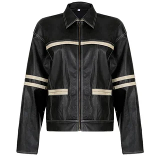 Women's Retro Contrast Color Split Leather Coat - Black