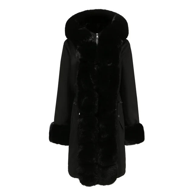 Women's Cotton padded Coat Detachable Fur Collar Mid length Long Sleeve Parka Black - Shop at LoveMi