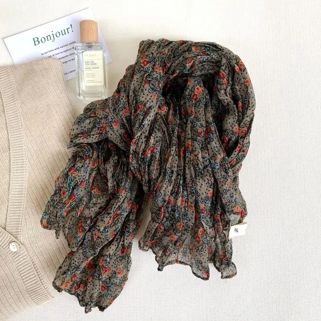 Artistic Retro Soft Small Floral Vintage Cotton And Linen Scarf For Women Sku08 Khaki Rose - Shop at LoveMi