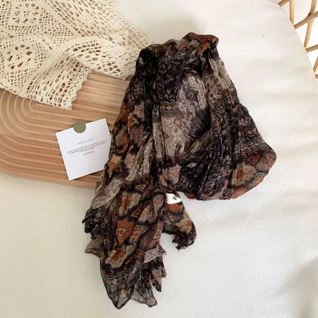 Artistic Retro Soft Small Floral Vintage Cotton And Linen Scarf For Women Sku17 Coffee Patchwork - Shop at LoveMi