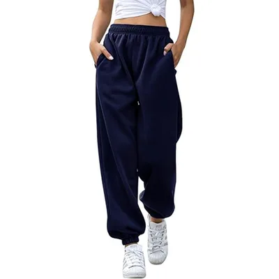 Women's Fashion All match High Waist Casual Track Sweatpants Ankle Banded Pants Navy Blue - Shop at LoveMi