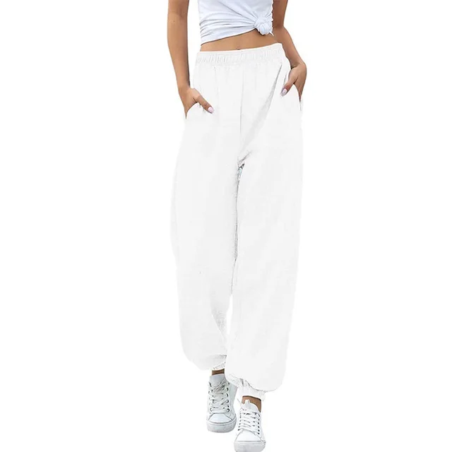 Women's Fashion All match High Waist Casual Track Sweatpants Ankle Banded Pants White - Shop at LoveMi
