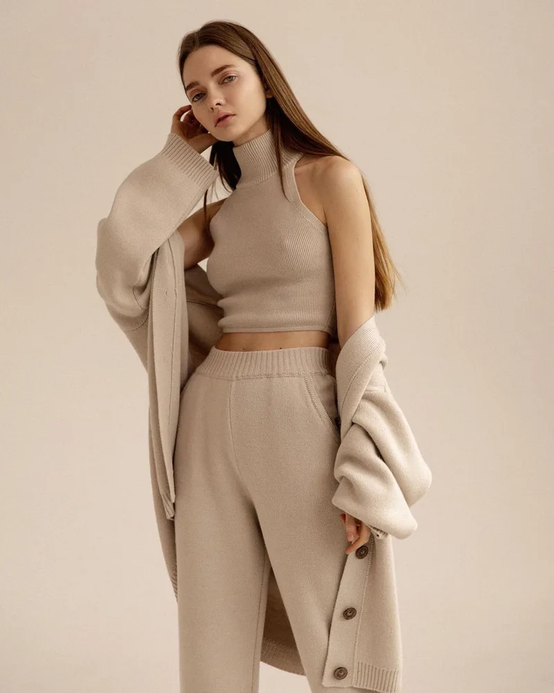 Turtleneck Single-breasted Wool Ladies Three-piece Set Pack - Khaki