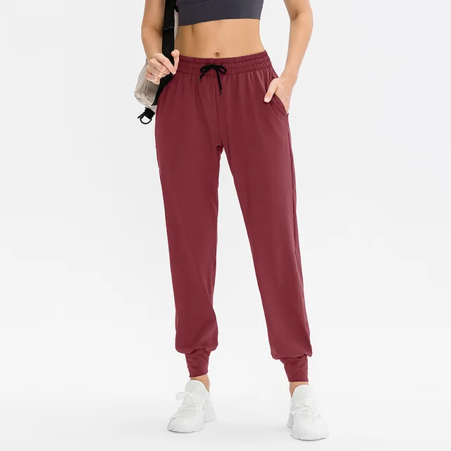 Women's Drawstring Running Sports Casual Slip in Stretch Yoga Trousers Wine Red - Shop at LoveMi