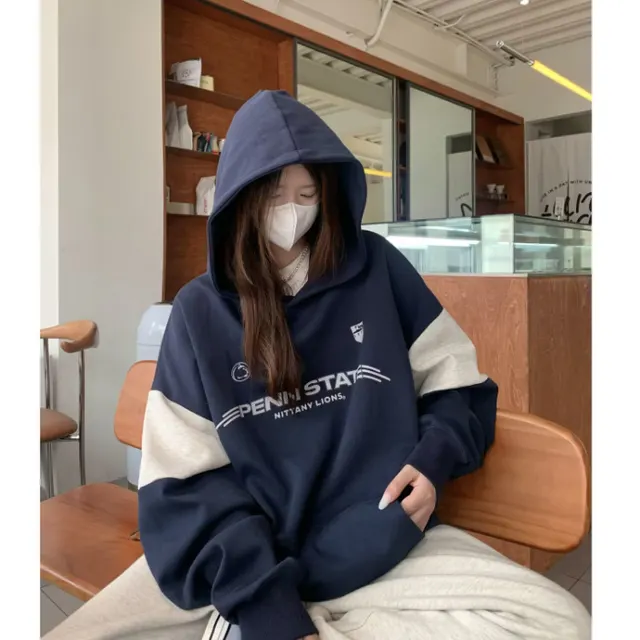 Design Sense Autumn Idle Style Hooded Pullover Women Blue - Shop at LoveMi