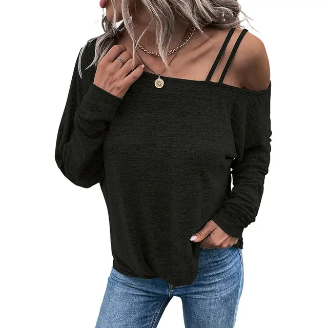 Off the shoulder Lace Up All match Slim Fit Slimming Sweatshirt Lc25122644 Black - Shop at LoveMi