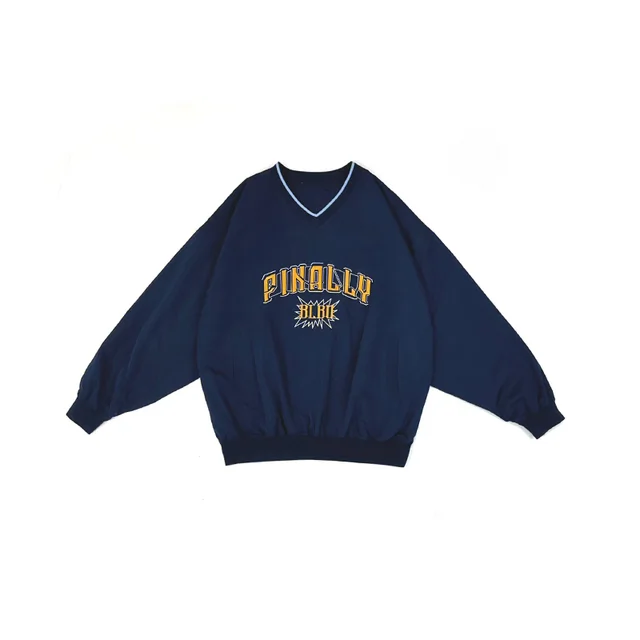 Women's Autumn Street Letter Embroidered V neck Pullover Hoodie Blue - Shop at LoveMi