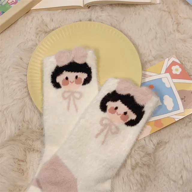Dehaired Angora Socks For Women Autumn And Winter Thickening Warm keeping Socks Room Socks Plush Soft And Breathable Bowknot Girl - Shop at LoveMi
