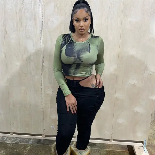 Personality Hipster Street Shot 3D Digital Printing Slim Top Green - Shop at LoveMi