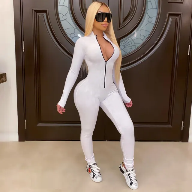 European And American Fashion Slim Long Sleeve Jumpsuit White - Shop at LoveMi