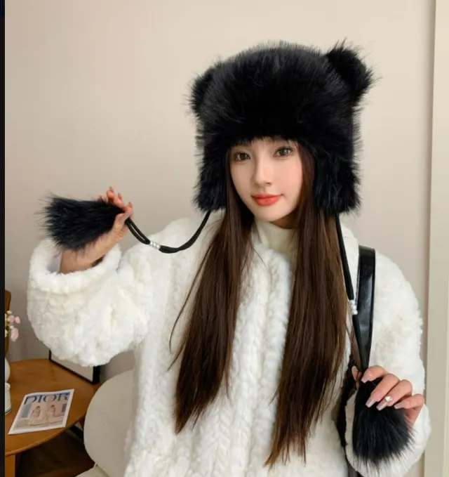 Winter Earflaps Thick Plush Women Cute Bear Ears Hanging Ball Thermal Head Cover Beanie Hat Black - Shop at LoveMi