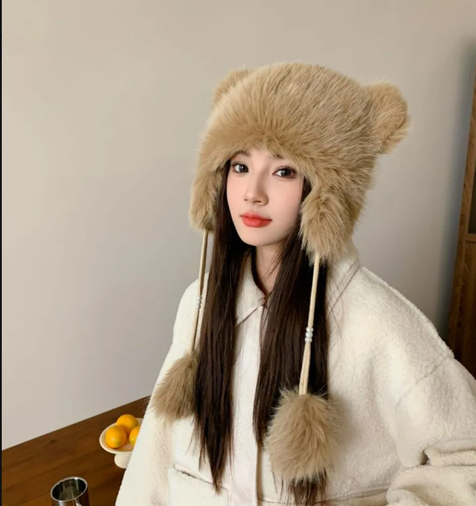 Winter Earflaps Thick Plush Women Cute Bear Ears Hanging Ball Thermal Head Cover Beanie Hat - Khaki - View 1