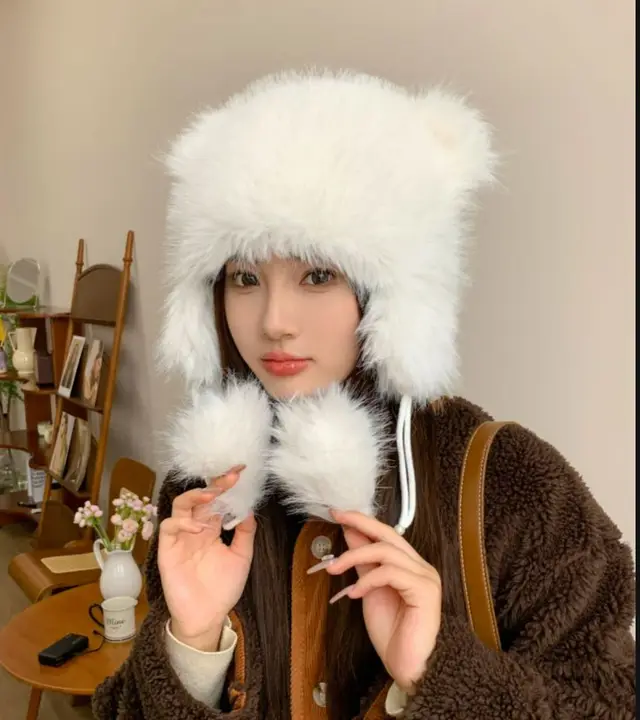 Winter Earflaps Thick Plush Women Cute Bear Ears Hanging Ball Thermal Head Cover Beanie Hat White - Shop at LoveMi
